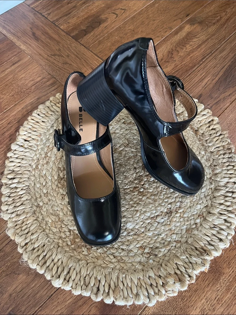Belle Black Patent Mary Jane Block Heels with Buckle Strap
